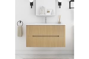 Staykiwi 36-Inch Bathroom Vanity with Sink, Modern Wall Mounted Floating Bathroom Vanity Set with 2 Large Storage Drawers, Soft Close Design, One Piece Sink Basin Bathroom Vanity, Light Oak