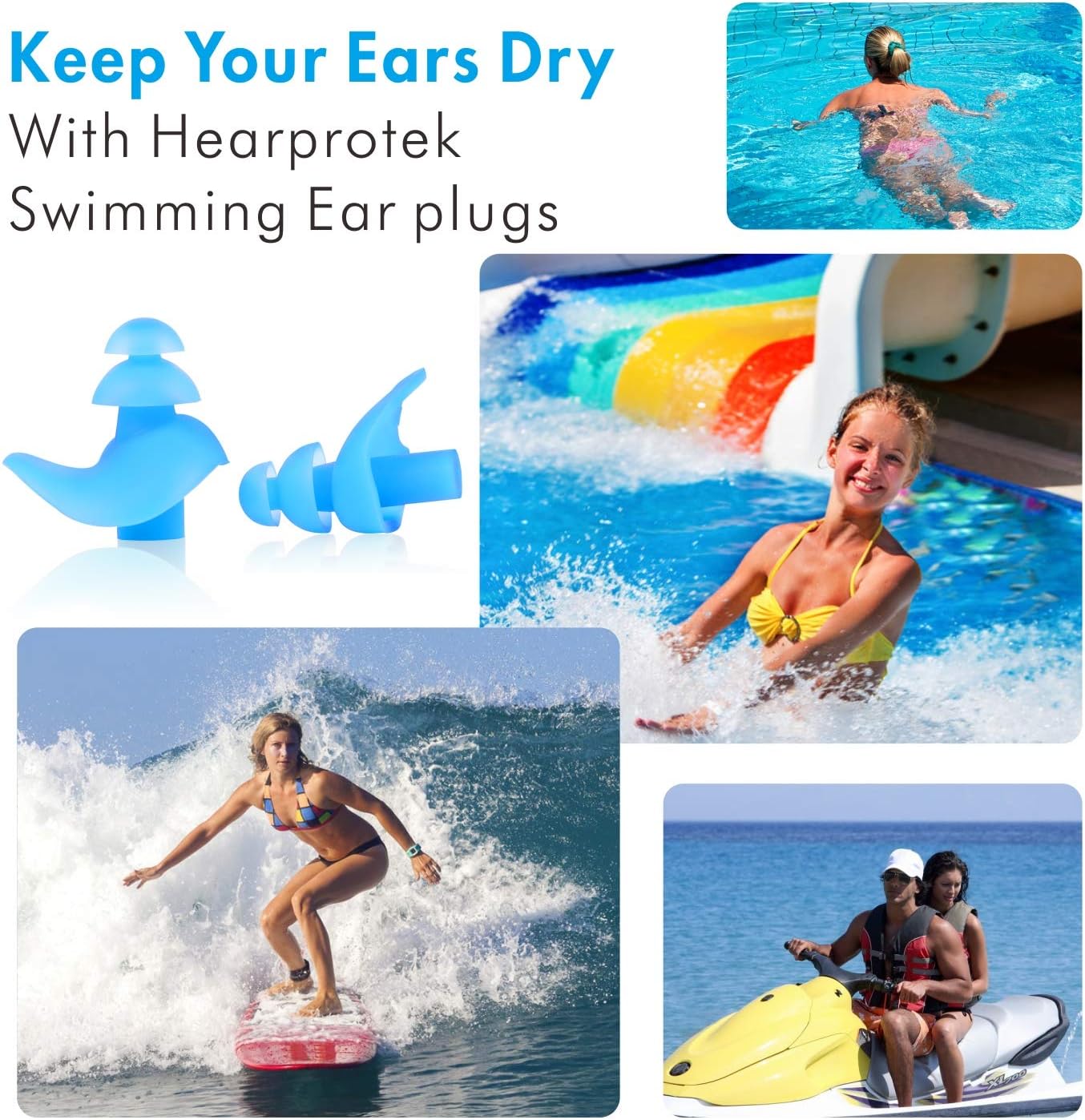 【Upgraded Design】Hearprotek Silicone Swimming Earplugs, 2 Pairs Waterproof Reusable Ear Plugs for Swimming Showering Bathing Surfing and Other Water Sports Adult Size (Navy Blue): Health & Personal Care