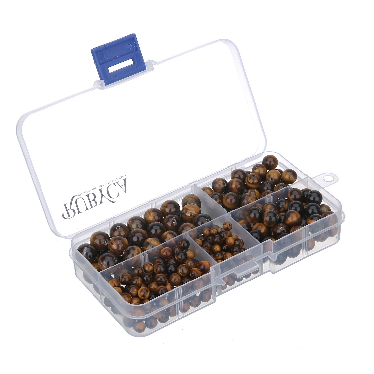 RUBYCA Natural Tiger-Eye Gemstone Round Loose Beads Organizer Plastic Box Jewelry Making Mix Sizes