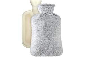 Large Hot Water Bottle with Cover, 2 Litre, Premium Natural Rubber Hot Water Bag, Soft Fleece Cover for Pain Relief, Back, Ne