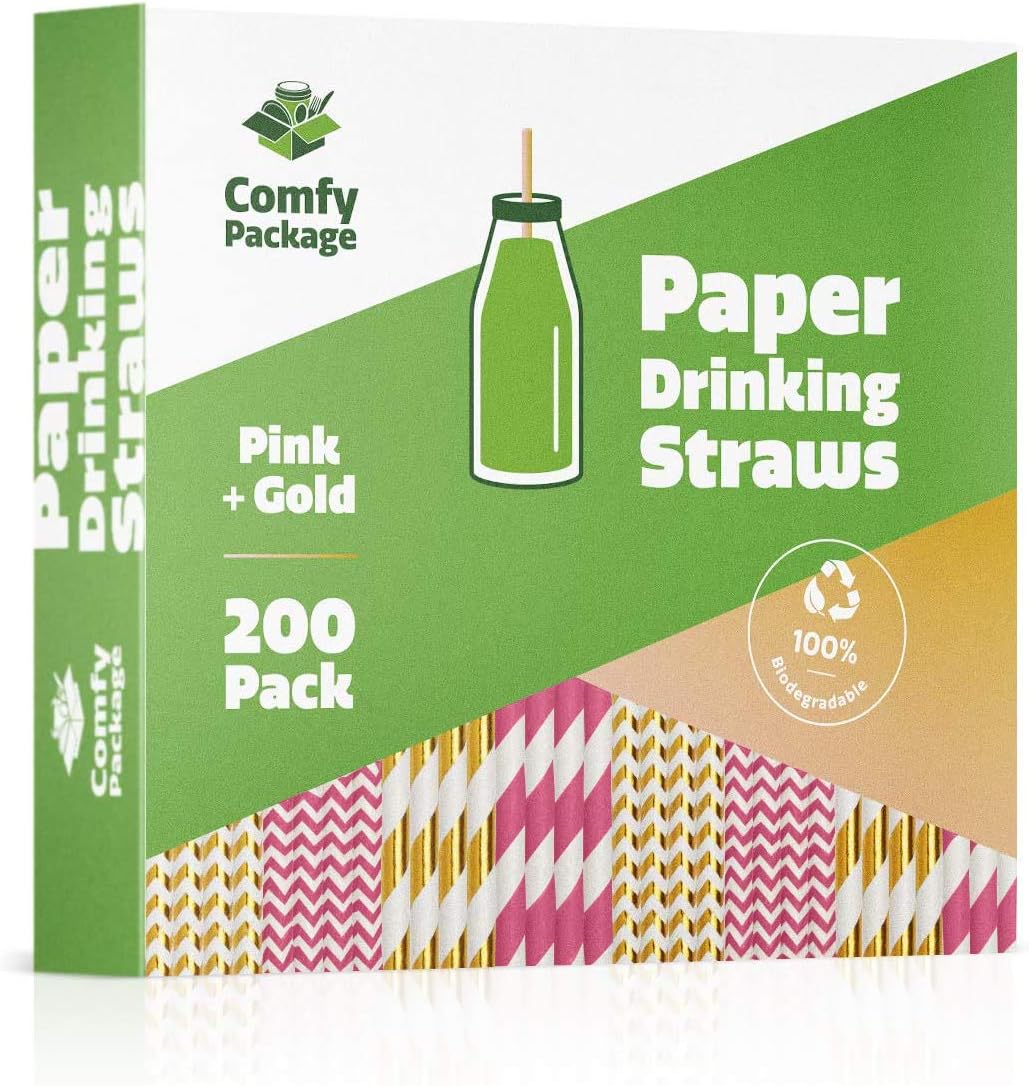 [200 Pack] Pink & Rose Gold Paper Drinking Straws 100% Biodegradable Multi-Pattern Party Straws…: Kitchen & Dining