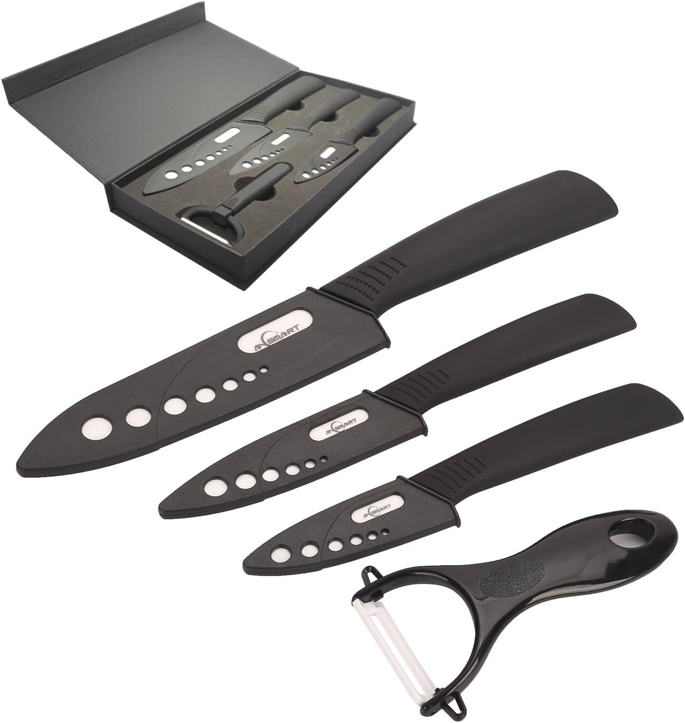 Aysmart 7 Piece Ceramic Knife Set With Gift Box, 6" Chef Knife / 4" Vegetable Knife / 3" Fruit Knife + Parer, Kitchen Knives with Case (Knife Sheaths), Mother's Day Gifts