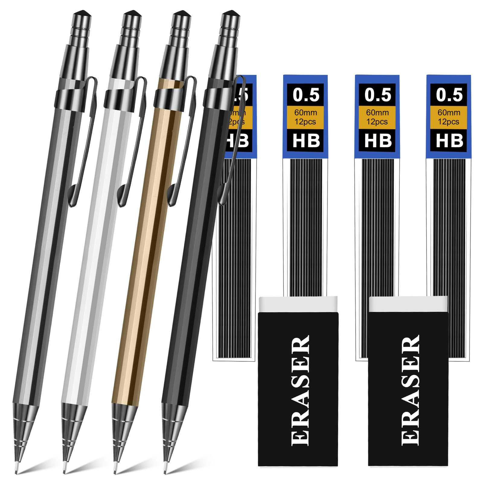 OFFCUP Metal Mechanical Pencil Set, 4Pcs Propelling Drafting, 0.5mm Automatic Artist Clutch With 4 Tube Lead Refills 2 Erasers Case for School Writing, Drawing