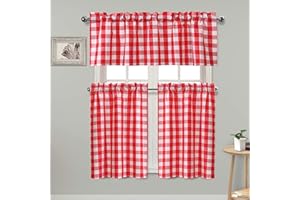 Hiasan Semi Sheer Tier and Valance Curtains Set Light Filtering Buffalo Checkered Kitchen Curtains, Red, Set of 3 Pieces, 60 W x 18 L (1 Panel) + 29 W x 36 L (2 Panels)