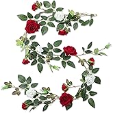 Thiccywoov Valentine Rose Vine Artificial Flower Garland Fake Flower 6ft Artificial Floral Garland Fake Rose Silk Floral Hanging for Wedding Party Ceremony Outdoor Decor(Red + White,1 Pack)