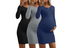 Riyiper 3 Pack Women's Long Sleeve Maternity Dresses Ruched Pregnancy Crew Neck Dresses Mama Slim Stretchy Winter Clothes