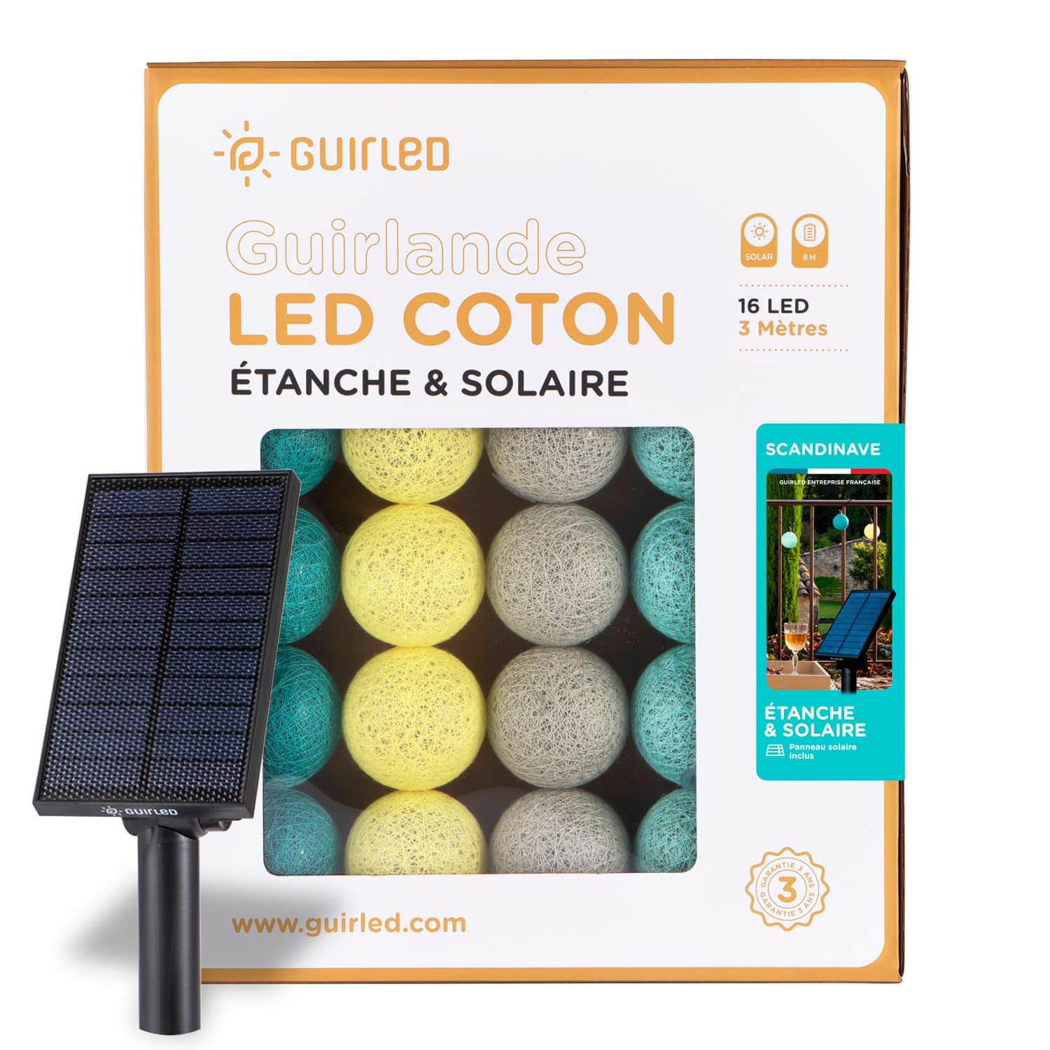 GuirLED LED Outdoor Ball String Lights - Waterproof IP65 - High Efficiency Solar Panel - Automatic On/Off - Scandinave