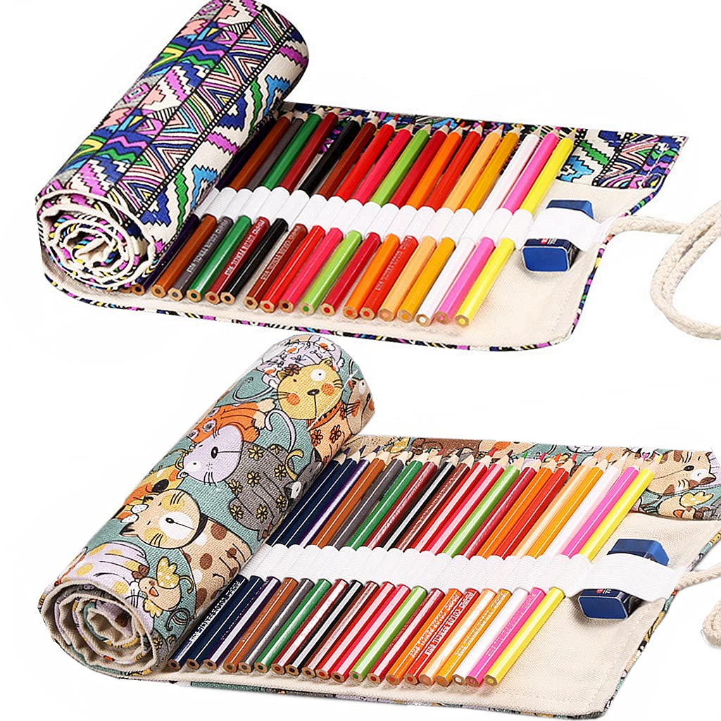 Canvas Pencil Wrap, Ouceanwin 2 Pieces 36 Slots Pencil Wrap, Canvas Pencil Roll, Portable Bag, Pencil Case, Pencil Holder, Pencil Case for Artists, Travel, School