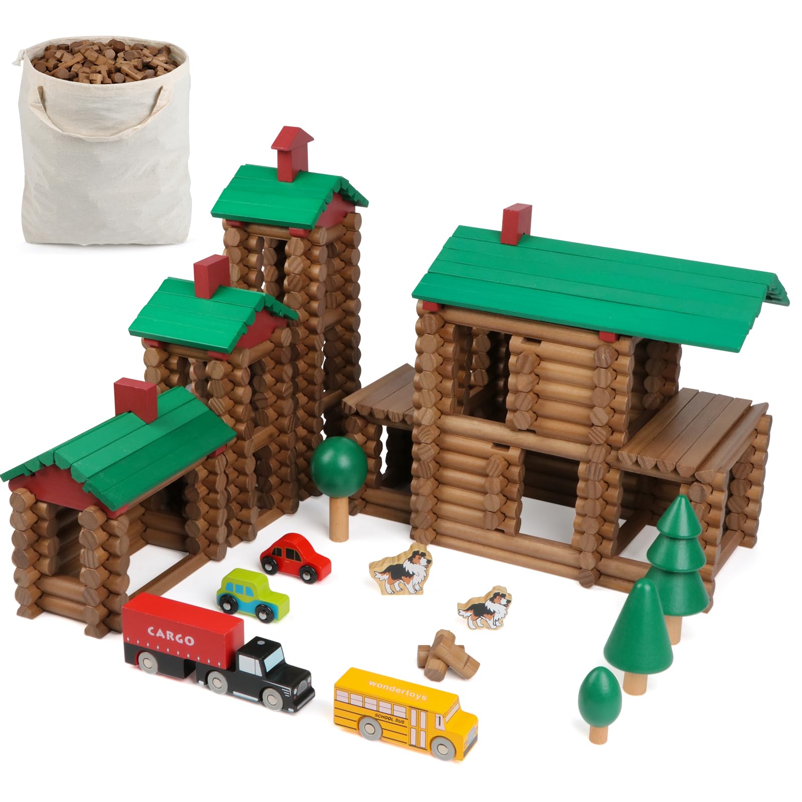 Photo 1 of Wondertoys 456Pcs Big Villa Wooden Log Set Real Wood Logs Classic Building Log Ages 3+ Best Retro Building Gift Set Creative Construction Engineering Educational Gifts