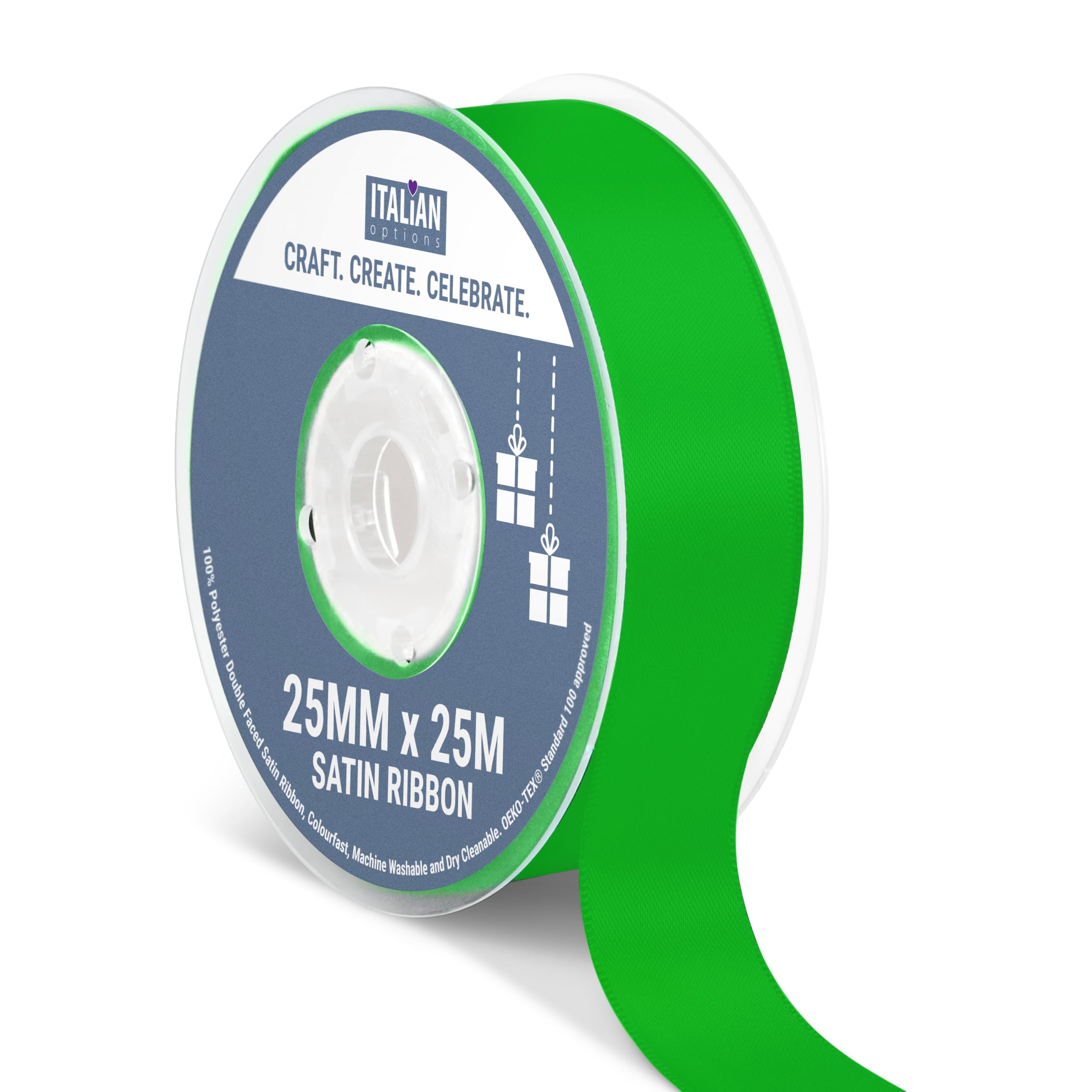 Italian Options Satin Ribbon, Fabric Ribbons for Gift Wrapping, Crafting, Balloons, Wedding Car, Presents, Cake, Christmas, Birthday, Gift Wrap Accessories, 25mm Wide x 25 Metre Roll, Emerald