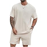 RoseSeek Men's 2 Piece Outfits Textured Drop Shoulder T Shirt and Short Sets Summer Outfits Tracksuit