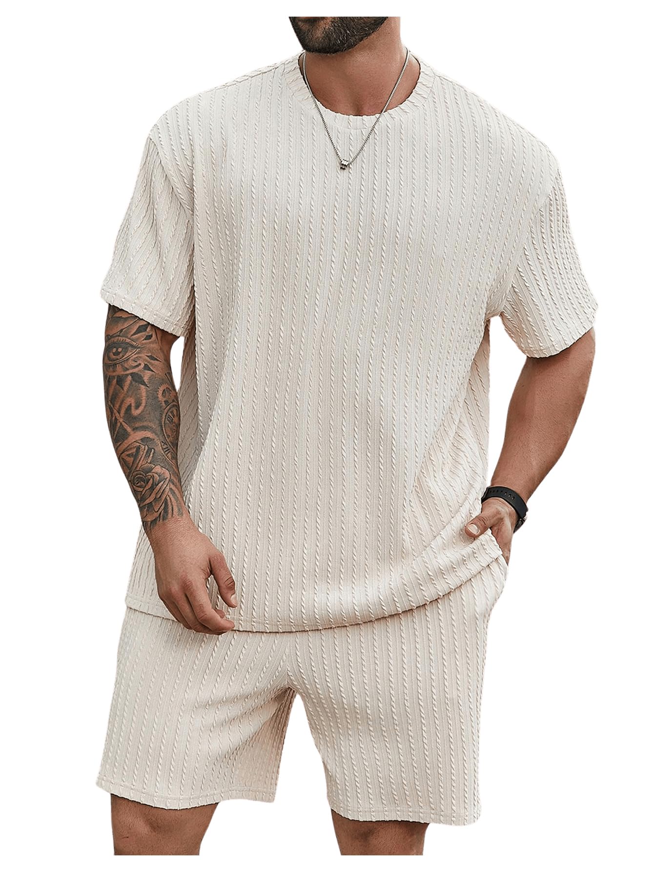 RoseSeek Men's 2 Piece Outfits Textured Drop