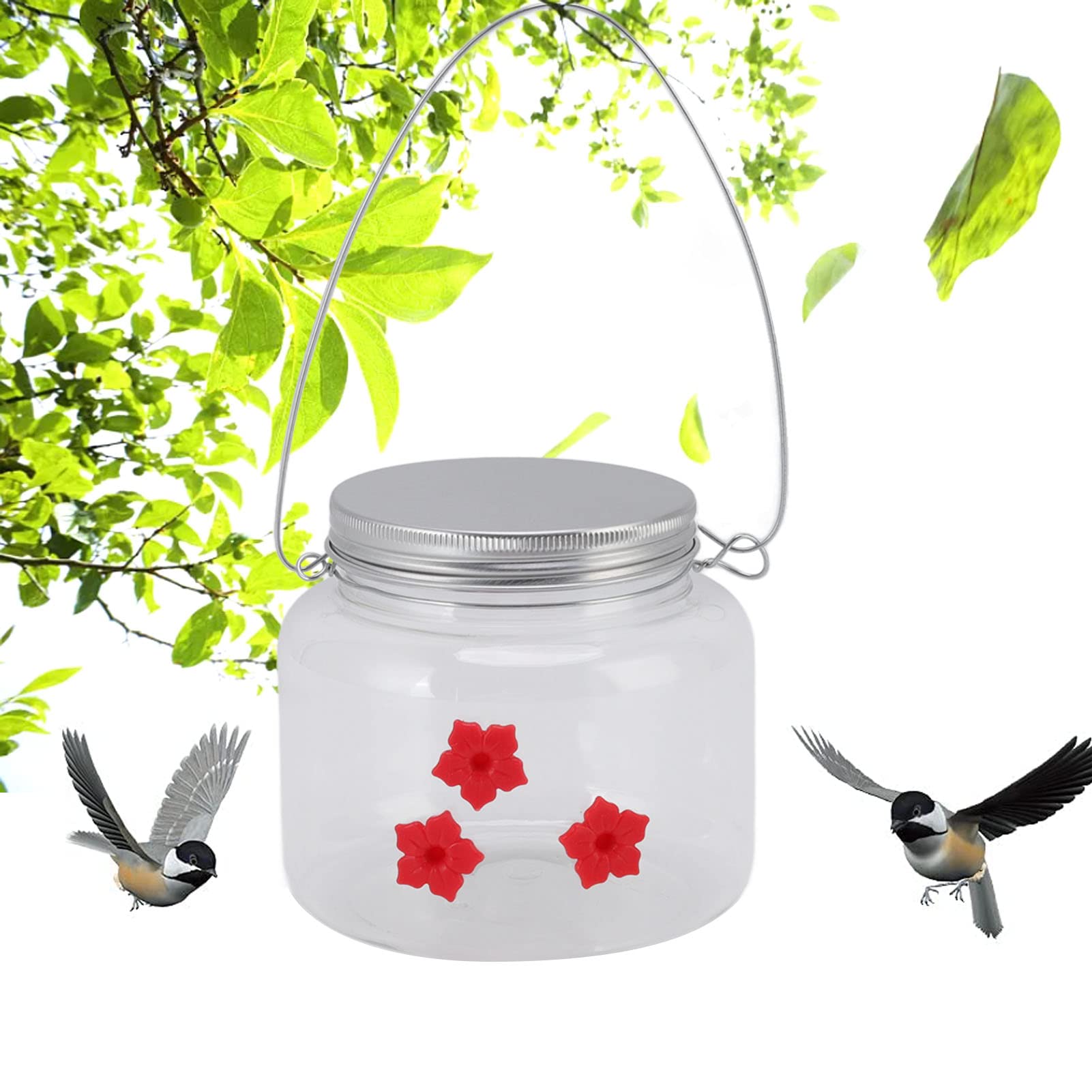 plplaaoo Mason Jar Hummingbird Feeder, Transparent Window Hummingbird Feeder, 500ml Small Bird Wild Bird Feeding Jar with 3 Feeding Flower Port for Outdoors Garden Balcony Yard