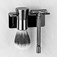 LUEXBOX Safety Razor Holder for Shower Wall, Self Adhesive Razor and Brush Stand for Bathroom, Shaving Brush Stand Compatible with Fusion 5 Proglide, Mach 3 Classic(Black Clear)