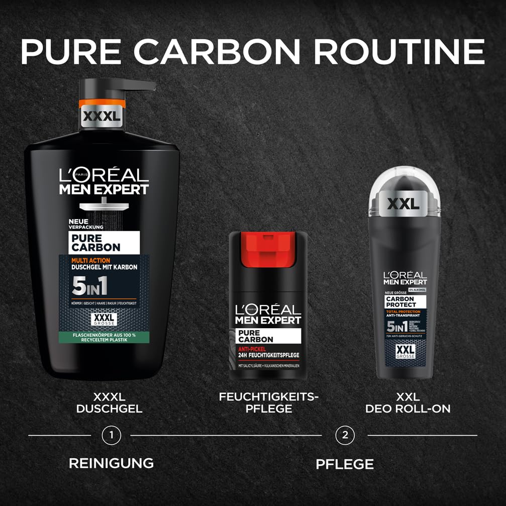 L'Oréal Men Expert XXXL 5in1 Duschgel und Shampoo für Männer, Duschbad zur Reinigung von Körper, Haar und Gesicht, Herren Körperpflege für langanhaltende Frische mit Karbon, Pure Carbon, 1 x 1000 ml 6