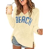 Fhykiss Women's Beach Cover Up V Neck Letter Print Long Sleeve Pullover Summer Sweaters Split Hem Crochet Jumper Top