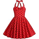 Kids Girls 50s Vintage Polka Dot Dress Retro Rockability Girls 1950s Princess Girl Retro 1950s Dresses Kid Halter Party Dress for Carnival Christmas Dresses for Girl Polka Dot Red 5-6 Years