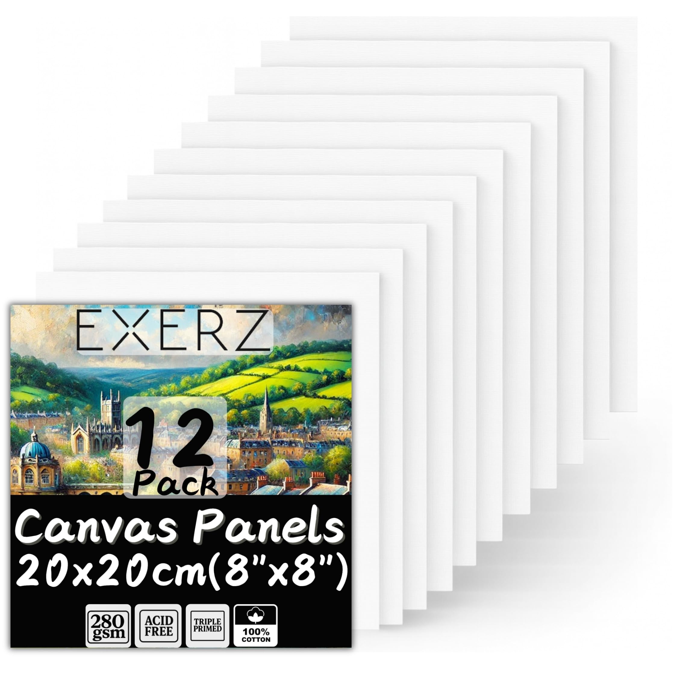 Exerz Canvas Panels 20x20cm 12pcs, Artist Canvas Boards Blank | 100% Cotton, 280gsm, 0.3cm Thickness | Triple Primed, Acid-Free, Medium Grain - Oil & Acrylic