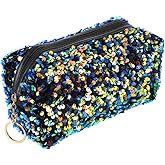 KESYOO Glitter Sequin Cosmetic Bag, Portable Travel Makeup Bag, Lightweight Large Capacity Toiletry Organizer for Women and Girls, Sparkly Square Storage Pouch for Cosmetics and Accessories (Blue)