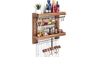 Pinzoveco Hanging Jewelry Organizer Wall Mounted With Wall Jewelry Organizer Holder For Necklaces Bracelet Earrings Ring (Rustic Wood)