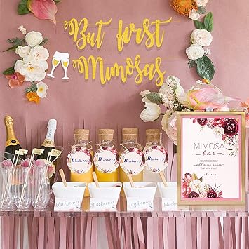 Sayala Mimosa Bar Sign Banner Tags Gold Flower Decorations For Bridal Shower Bubbling Bar Champagne Baby Shower Wedding Engagement Bachelorette Party Amazon De Spielzeug