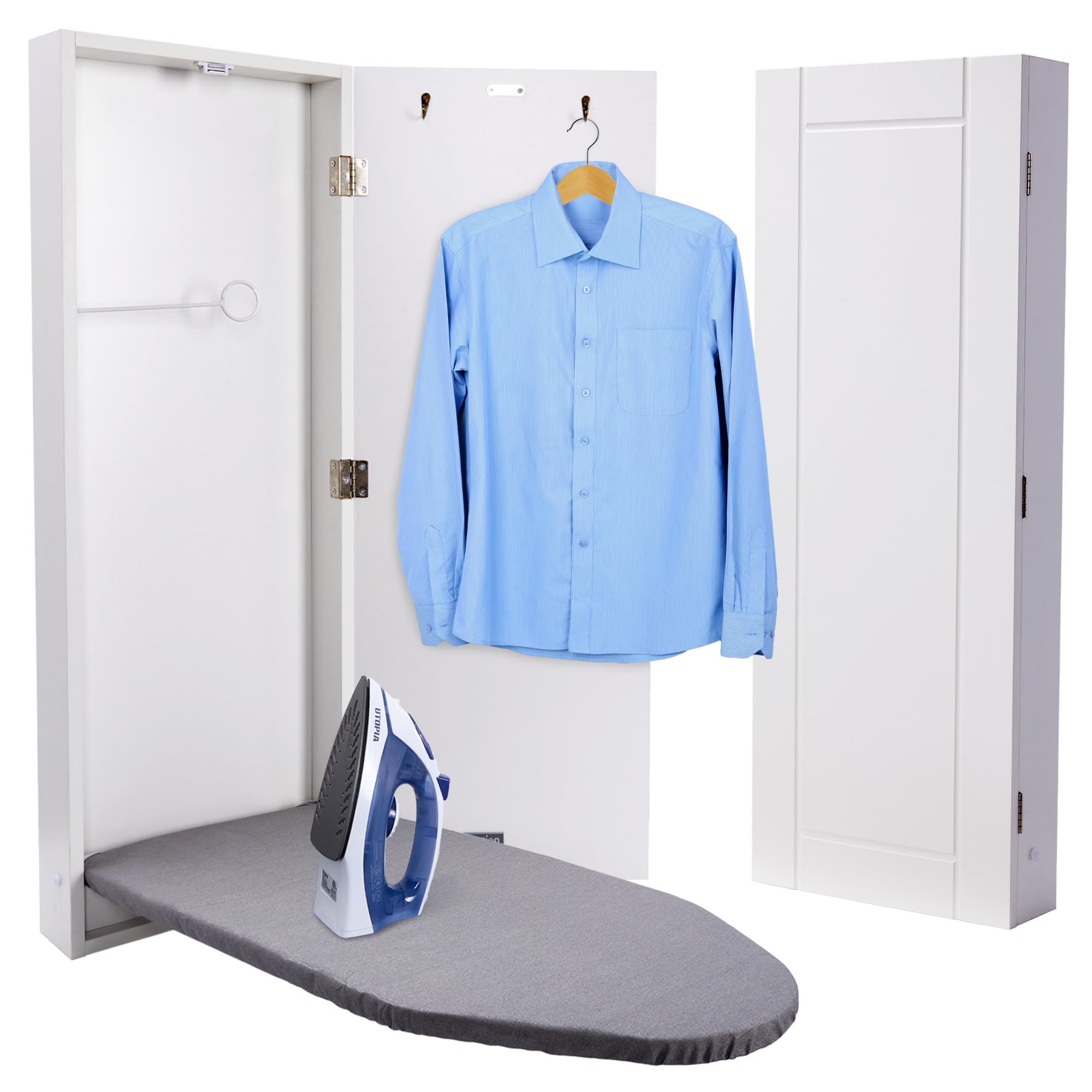 Ivation Wall-Mounted Ironing Board Cabinet, Foldable Ironing Storage Station for Home, Apartment , Easy-Release Lever, Garment Hooks, White