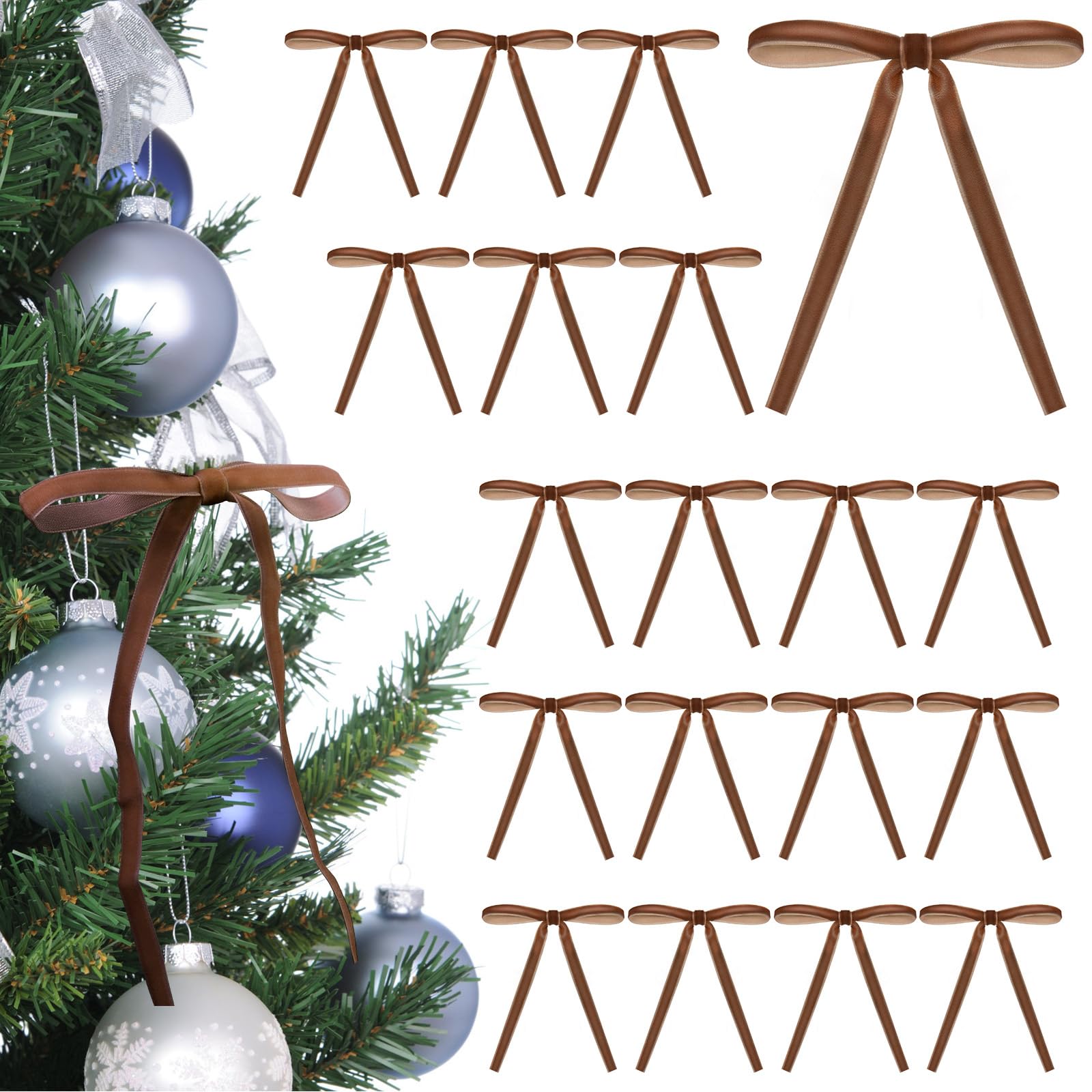 Photo 1 of 10 PACK OF Pack Velvet Christmas Tree Bows - Vintage Ribbon Bows Ornaments for Tree Garland Wreath Indoor Xmas Decorations (5 x 7 Inch, Width of 3/8'', Camel)