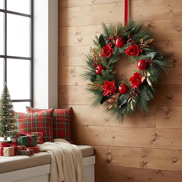 26″ CHRISTMAS WREATH FOR FRONT DOOR, RED GREEN ARTIFICIAL WREATHS WITH MAGNOLIAS & POMEGRANATES, PINE NEEDLESD AND RED BERRIES — PERFECT FOR FARMHOUSE INDOOR OUTDOOR HOME RUSTIC WINTER HOLIDAY DECOR