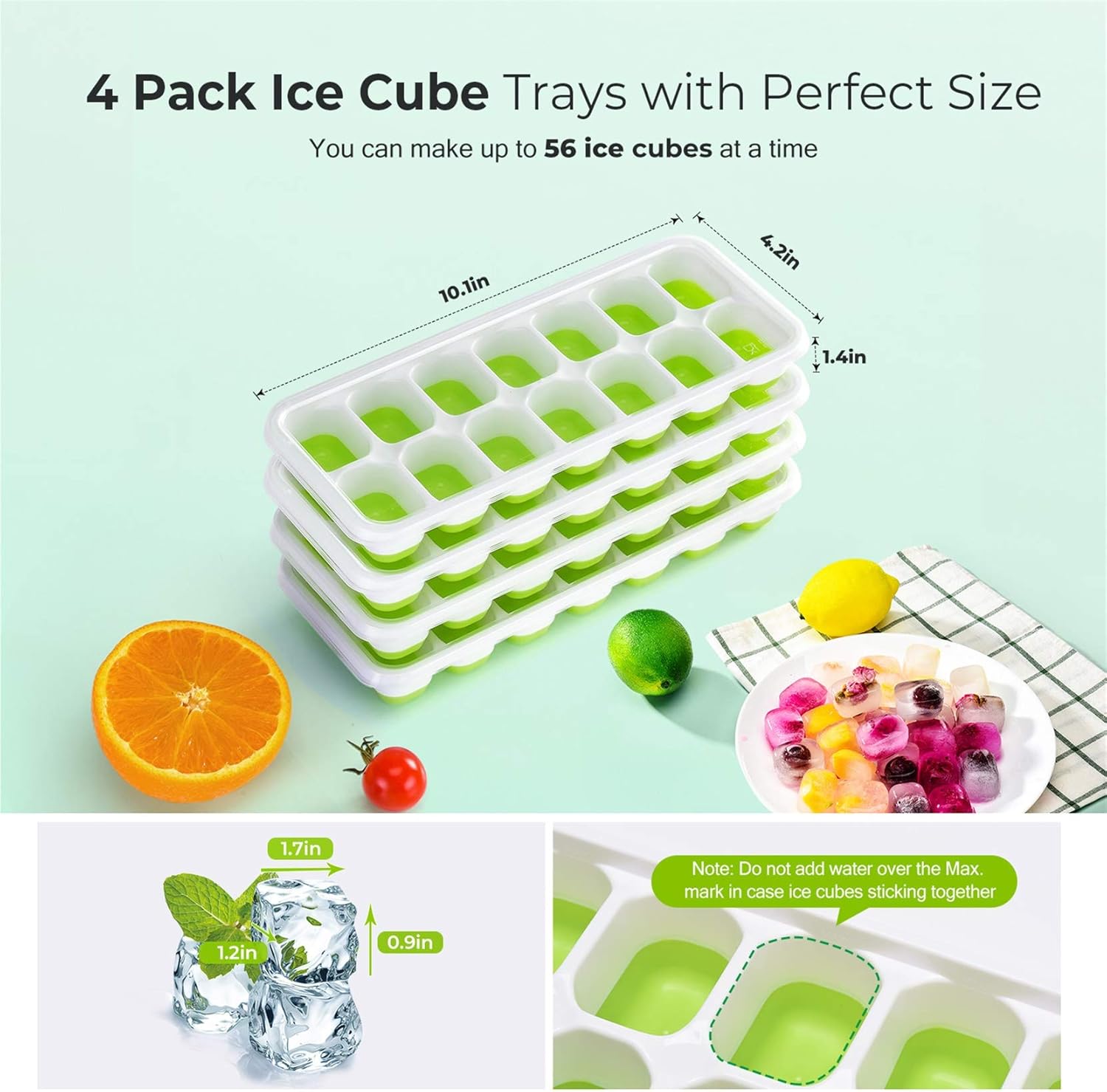 OMorc Ice Cube Trays 4 Pack, Easy-Release Silicone and Flexible 14-Ice Trays with Spill-Resistant Removable Lid, LFGB Certified and BPA Free, Stackable Durable and Dishwasher Safe: Kitchen & Dining