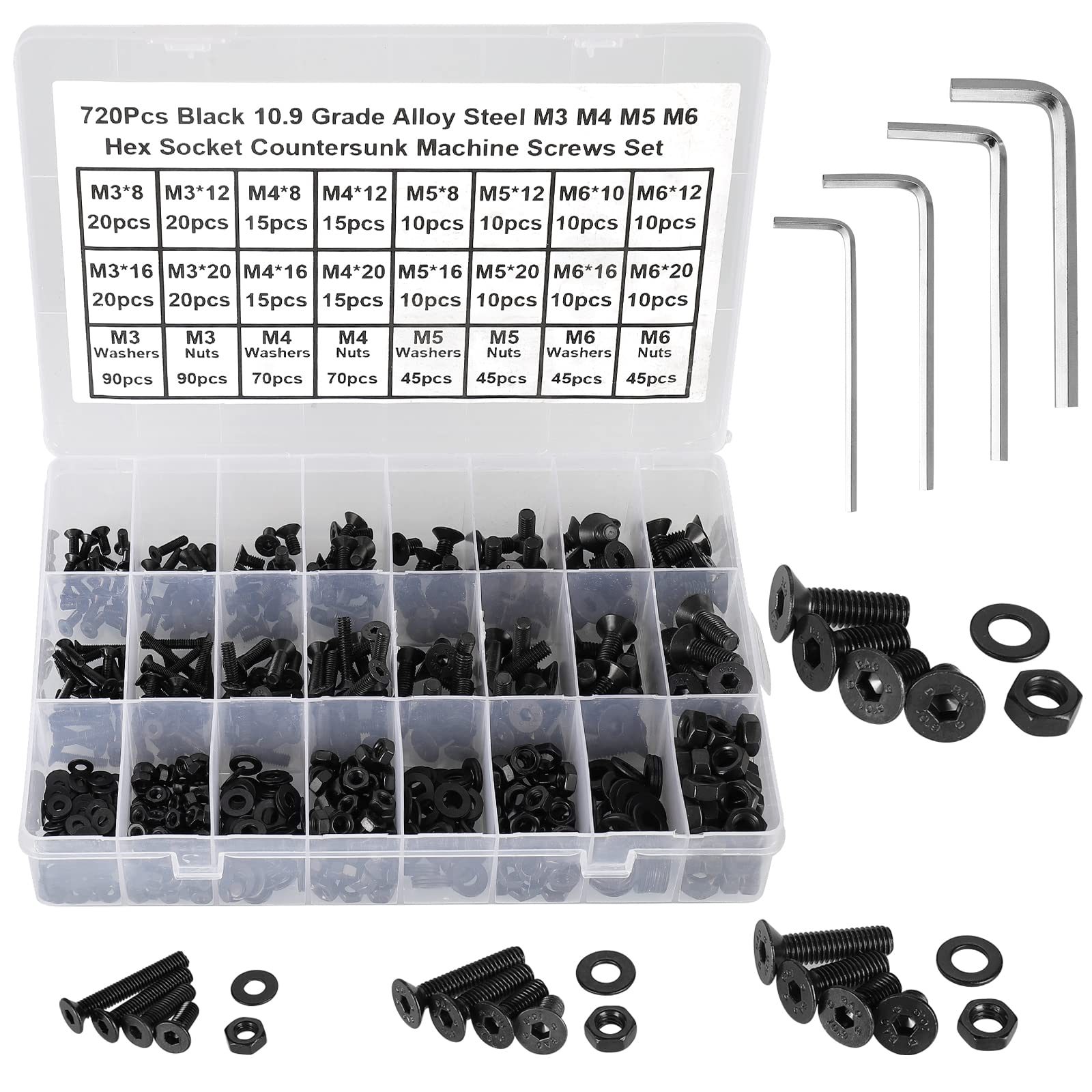 FandWay 720Pcs Bolts and Nuts Set,M3 M4 M5 M6 Countersunk Machine Screws,DIN 7991 Allen Screws,Black Hex Bolts and Washers Set 10.9 Grade Alloy Steel Fully Threaded With 4 Allen Key.