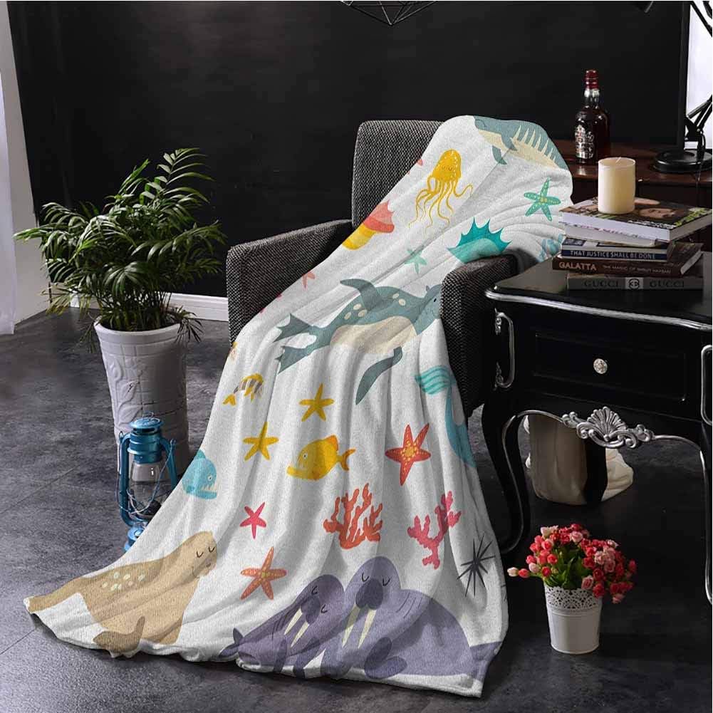 Ocean Commercial Grade Printed Blanket Whale Squid Sea Lion Shark Jellyfish Clownfish Dolphin Starfish Stingrays Colorful Queen King W80 x L60 Inch Multicolor