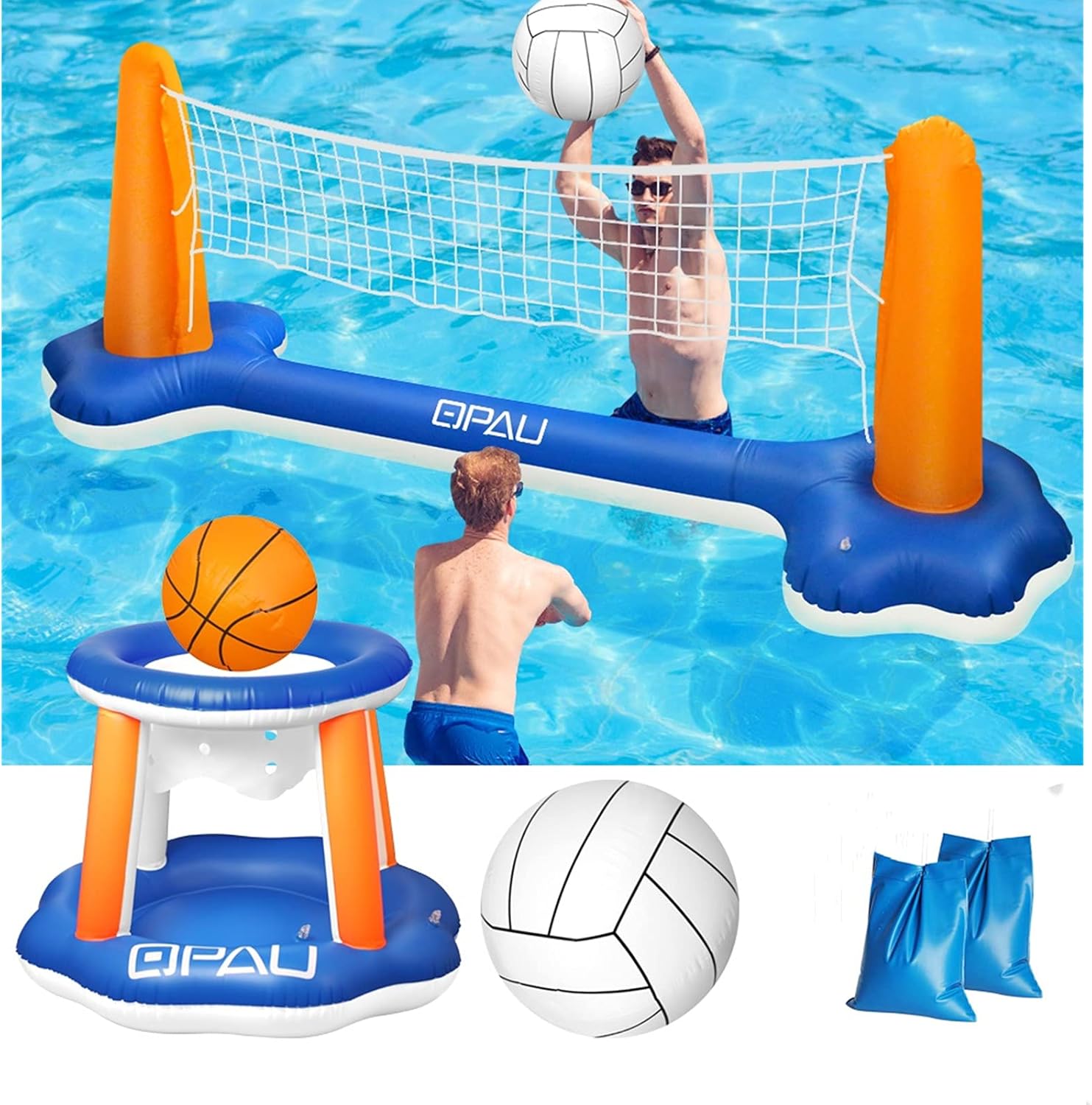 QPAU Inflatable Pool Float Set, Basketball Hoop and Volleyball Net, Swimming Game Pool Toys for Kids and Adults: Toys & Games