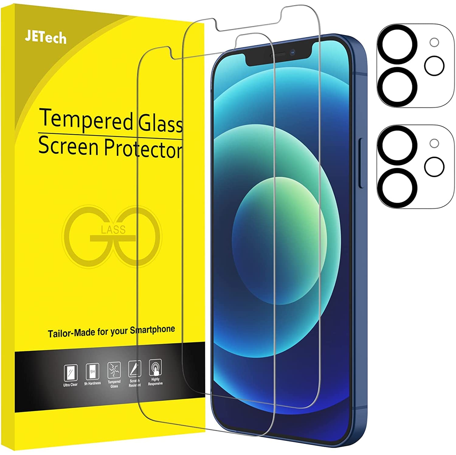 JETech Screen Protector for iPhone 12 6.1-Inch with Camera Lens Protector, Tempered Glass Film, 2-Pack Each — image 1