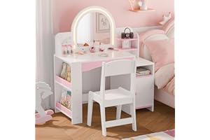 MU Kids Vanity with Lights, Princess Makeup Vanity Desk with Open Bookshelf, Storage Cabinet & Shelves, 2 in 1 Toddler Vanity Table & Chair Set with Lighted Mirror for Little Girls (White)