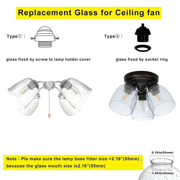 4 PACK CLEAR SEEDED GLASS REPLACEMENT SHADES COVERS FOR CEILING FAN LIGHT FIXTURES PENDANT LIGHTING CHANDELIER VANITY LIGHT KITCHEN ISLAND LIGHT, 2-1/8″ FITTER, 5.47″ HIGH, 4.76″ DIAMETER