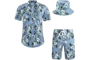 MCEDAR Men's Hawaiian Shirt and Short 2 Piece Vacation Outfits Sets Casual Button Down Beach Floral Suits with Bucket Hats
