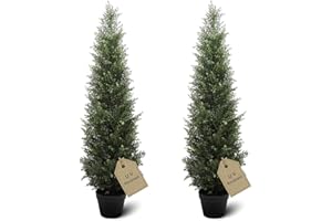 HMASYO 4ft Artificial Cedar Topiary Trees for Outdoor, Set of 2 Potted Fake Cypress Tree Faux Evergreen Plants with UV Resistant Leaves for Home Porch Front Door Garden Decorations