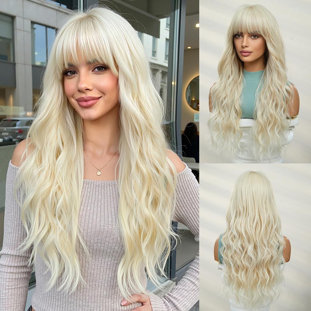 OUFEI Long Platinum Blonde Wig With Bangs Natural Wavy Wigs for Women Natural Synthetic Hair Heat Resistant Wigs for Daily Party Cosplay Wear — image 1