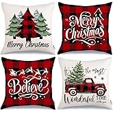 GEEORY Merry Christmas Throw Pillow Covers 18x18 Inch Set of 4, Xmas Trees Truck Buffalo Plaid Believe Farmhouse Decorative Cushion Cases for Home Decoration G421-18
