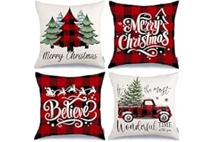 GEEORY Merry Christmas Throw Pillow Covers 18x18 Inch Set of 4, Xmas Trees Truck Buffalo Plaid Believe Farmhouse Decorative Cushion Cases for Home Decoration G421-18
