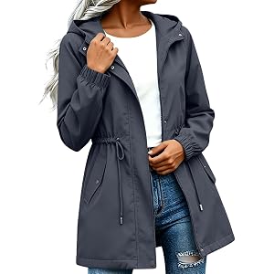 Women’s Waterproof Rain Jacket Lightweight Hooded Windbreaker Drawstring Raincoat Outdoor Travel Coat