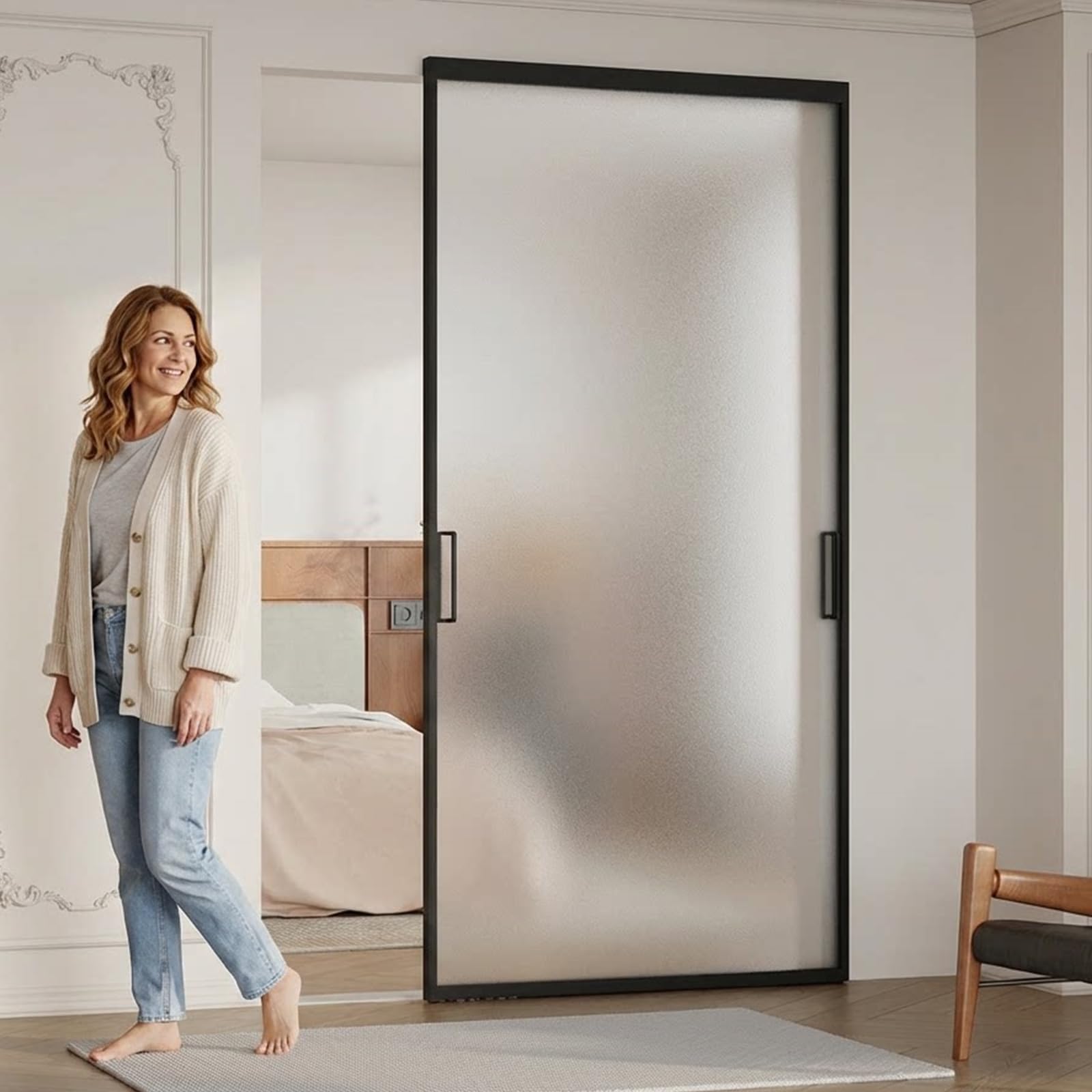 Photo 1 of  ***   TRUCK AND TRAILER PICK UP***   40" x 87" Concealed Sliding Glass Barn Door with Soft Close Hardware Kit, 5/16" Frosted Tempered Glass Interior Door, Modern Black Frame Hidden Track System, Floating Look for 28"-36" Openings