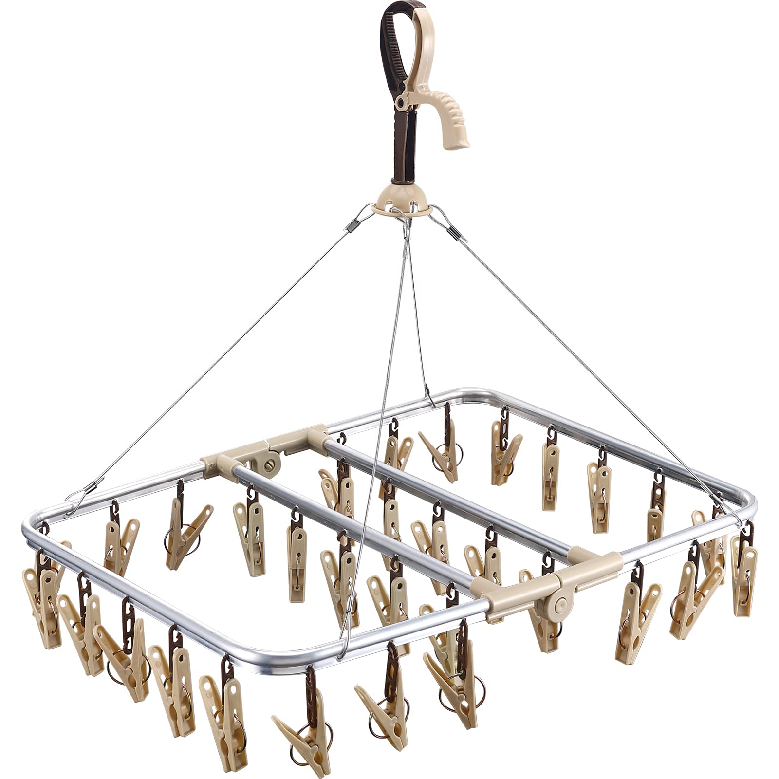 ANVINKU Sock Dryer, Aluminum 32 Pegs Sock Hanger for Washing Line, Folding Clothes Drying Rack with Windproof Hook, Hanging Clothes Airer for Socks, Underwear, Baby Clothes & Hats