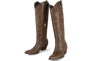 MISSMILLER Women's Embroidered Wide Calf Western Cowgirl High Knee Boots Pull On Pointed Toe Cowboy Tall Boots for Ladies
