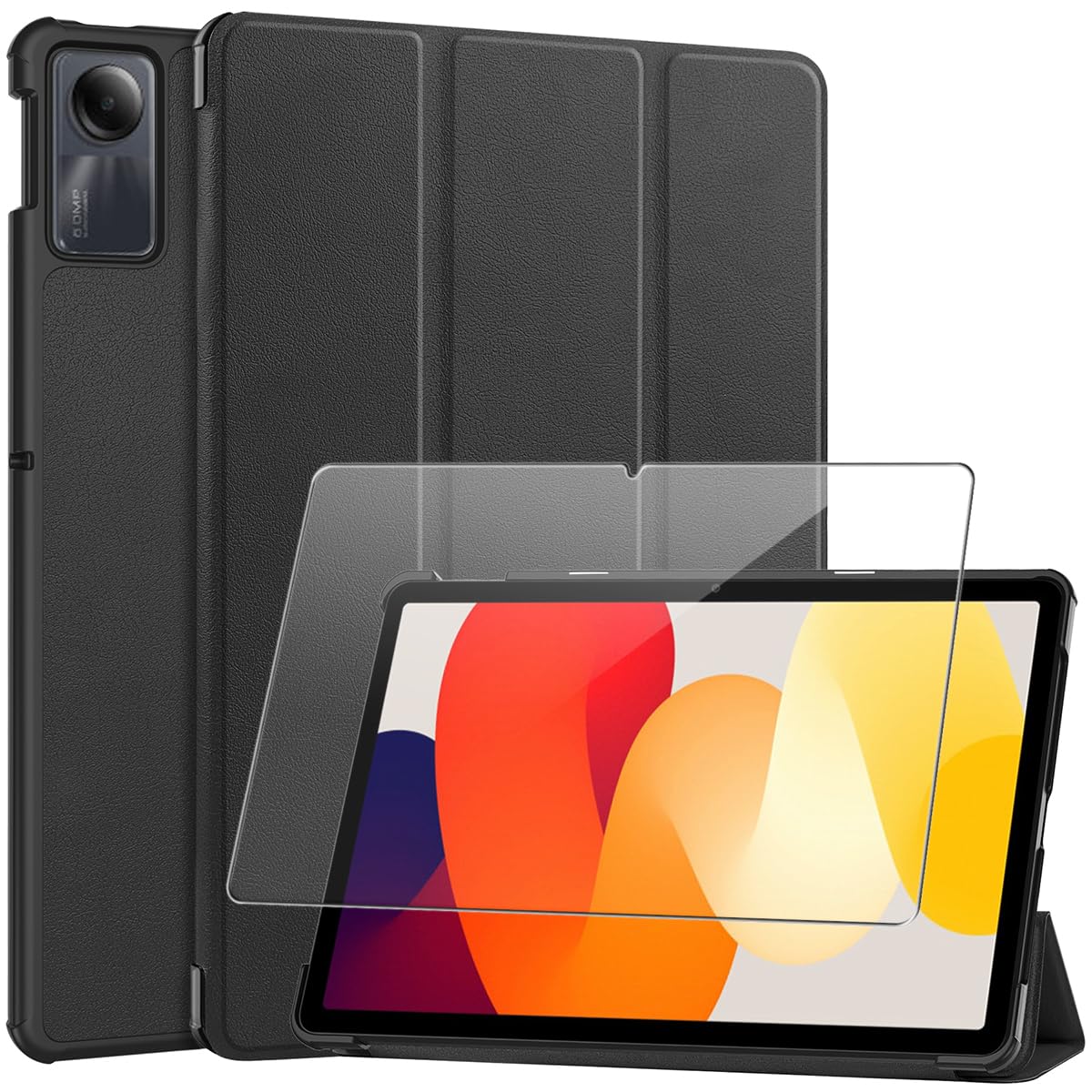 Case for Xiaomi Redmi Pad SE (11 Inch), Black PU Leather Flip Wallet Cover with One Tempered Glass Screen Protector