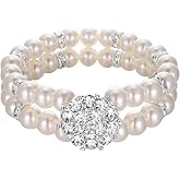 BriLove Women's Wedding Bridal Crystal Simulated Pearl Double Row Strand Halo Vintage Stretch Bracelet