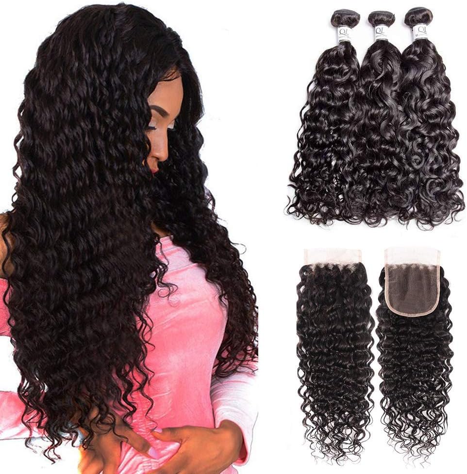 Brazilian Water Wave Bundles with Closure 22/24/26+20inch Transparent Lace Closure Free Part Human Virgin Hair Deep Ocean Wave 3 Bundles with 4x4 Swiss Lace Closure Natural Black Hair Bundles