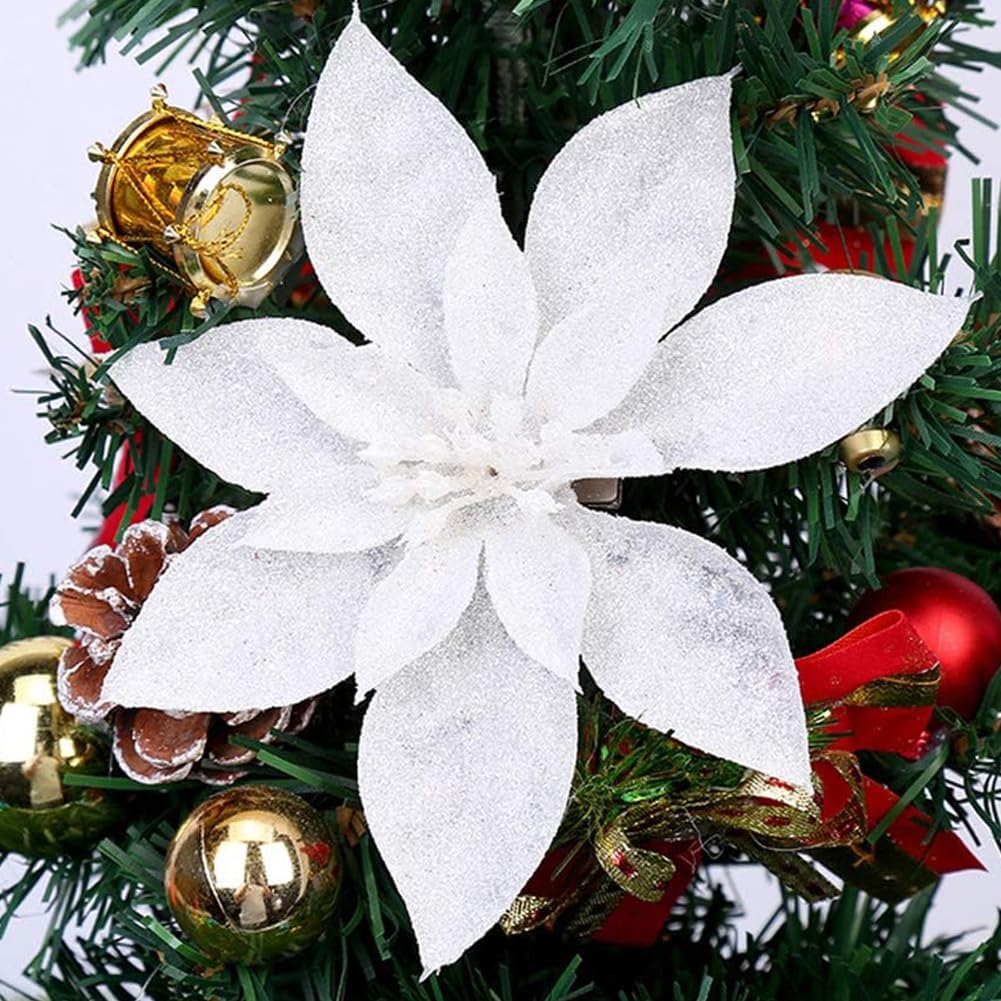 GL-Turelfies 12 Pcs Glitter Christmas Flowers(16cm/6.3’’) with 12 Pcs Clips Artificial Poinsettia Flower Christmas Tree Flower Decorations Xmas Tree Ornaments (White)