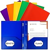 EEHZTSI 6-Pack Plastic Folders with Pockets and Prongs,2-Pocket Folders with 3 Fasteners, Holds 8-1/2" x 11" Paper for School