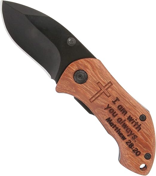 FAYERXL Engraved Catholic Knife with Cross Prayer Bible Verse Hiking